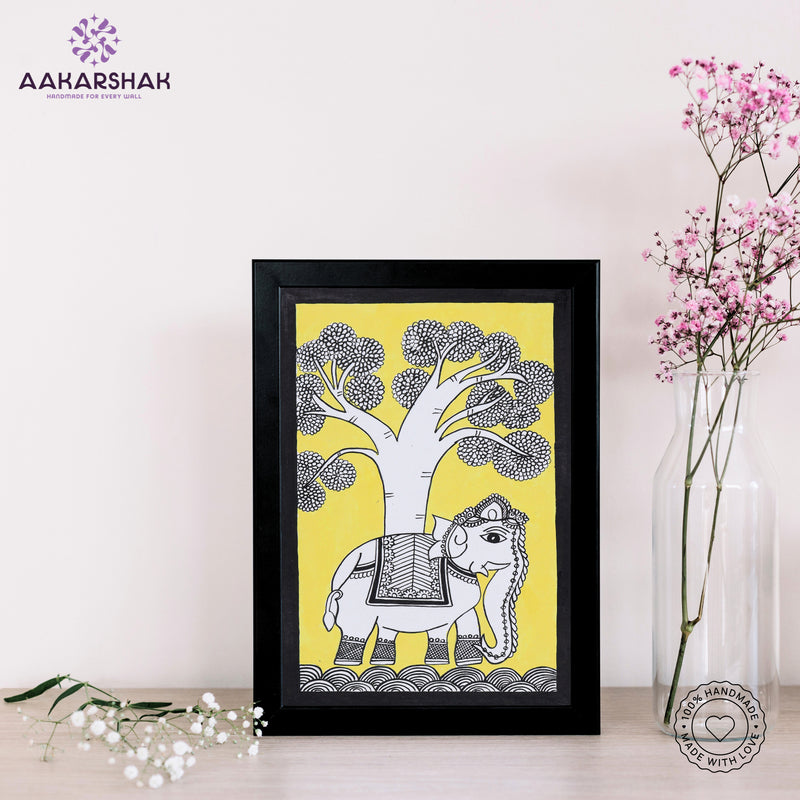 Handmade Kalamkari Elephant Painting – Framed 8x12 Inch Wall Art