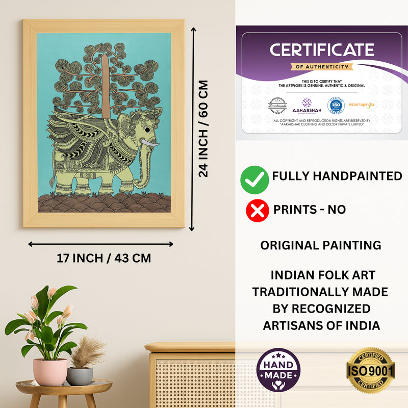 Handmade Kalamkari Elephant Painting Framed 17x24 Inch Wall Art
