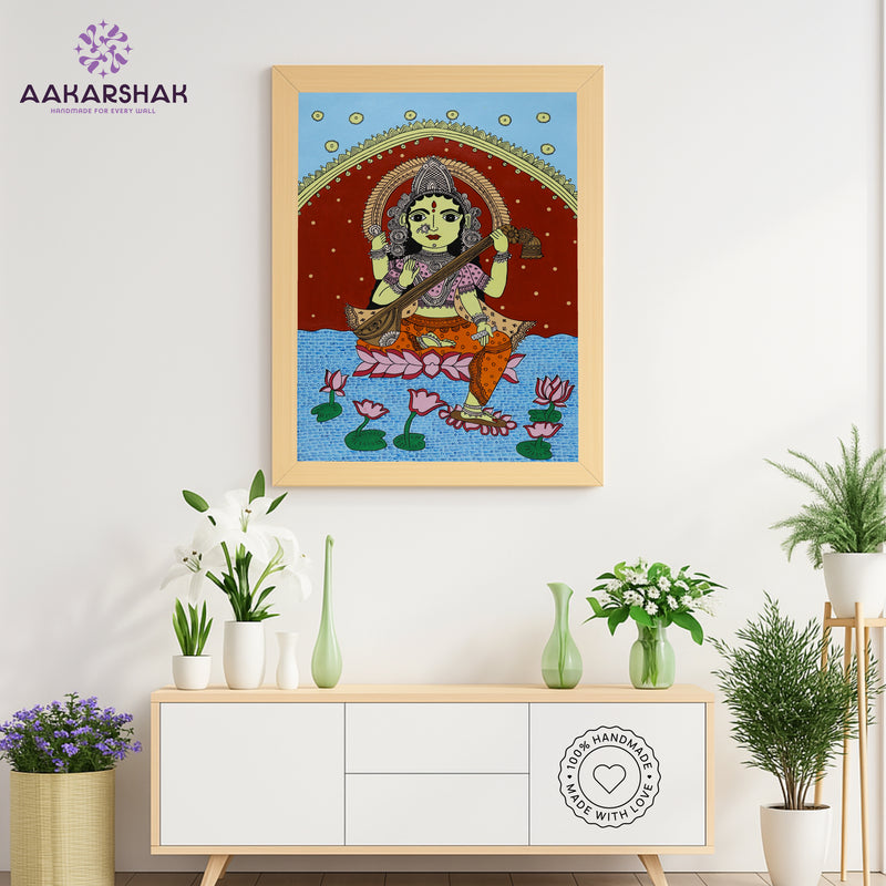 Handmade Kalamkari Saraswati Painting 17x24 Inch Wall Art