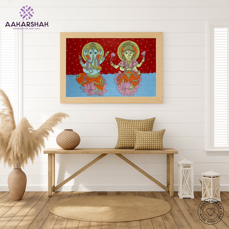 Handmade Kalamkari Ganesh and Laxmi Painting 17x24 Inch Wall Art