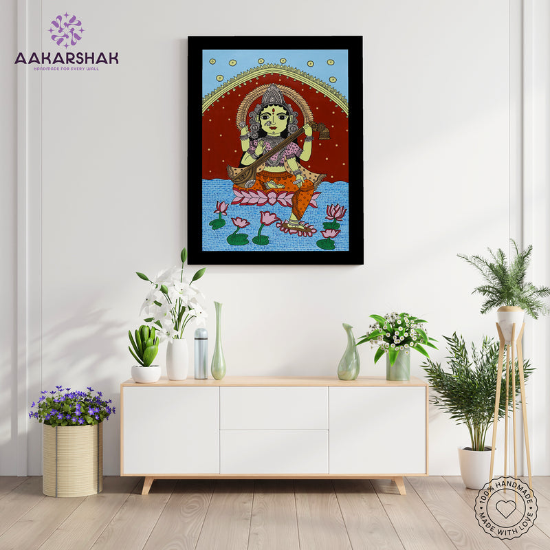 Handmade Kalamkari Saraswati Painting 17x24 Inch Wall Art