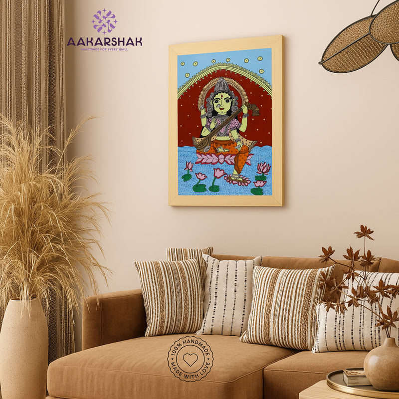 Handmade Kalamkari Saraswati Painting 17x24 Inch Wall Art