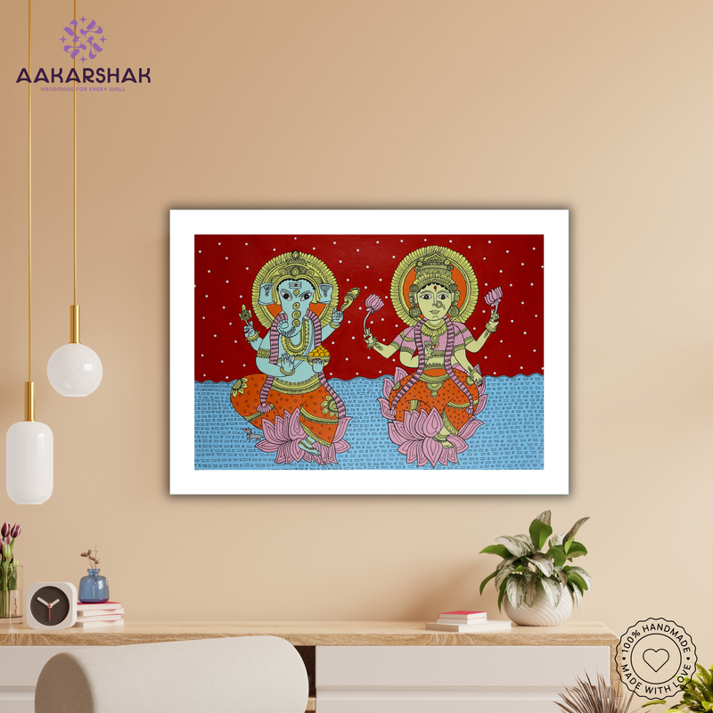 Handmade Kalamkari Ganesh and Laxmi Painting 17x24 Inch Wall Art