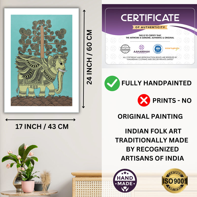 Handmade Kalamkari Elephant Painting Framed 17x24 Inch Wall Art