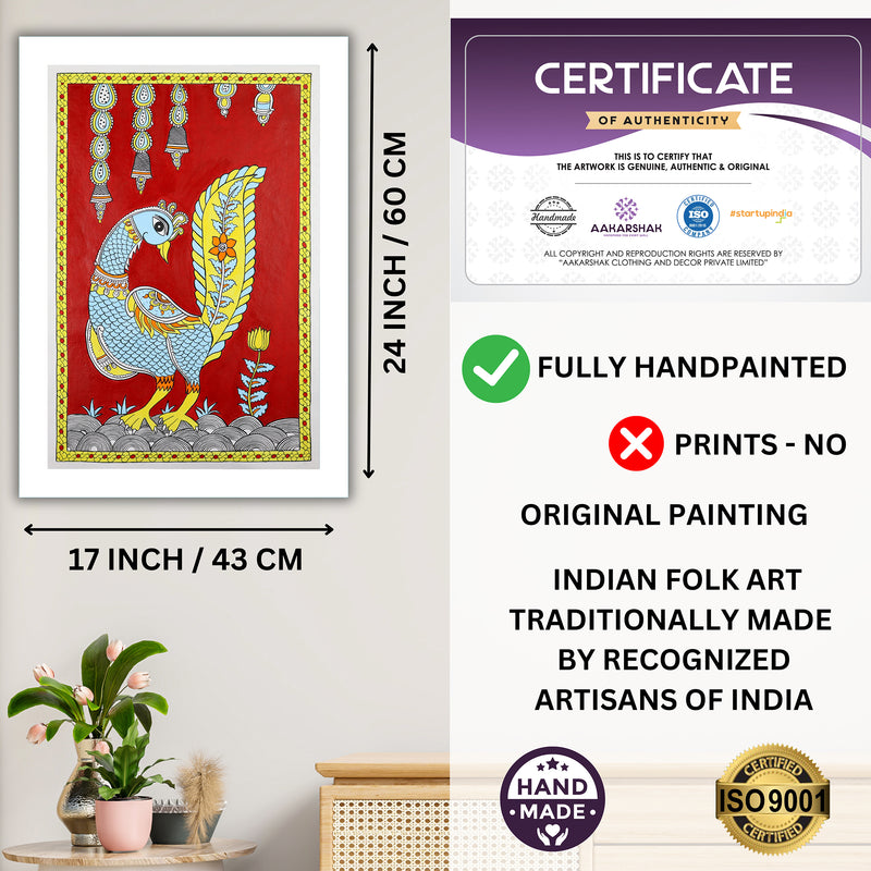 Handmade Kalamkari Peacock Painting 17x24Inch Wall Art