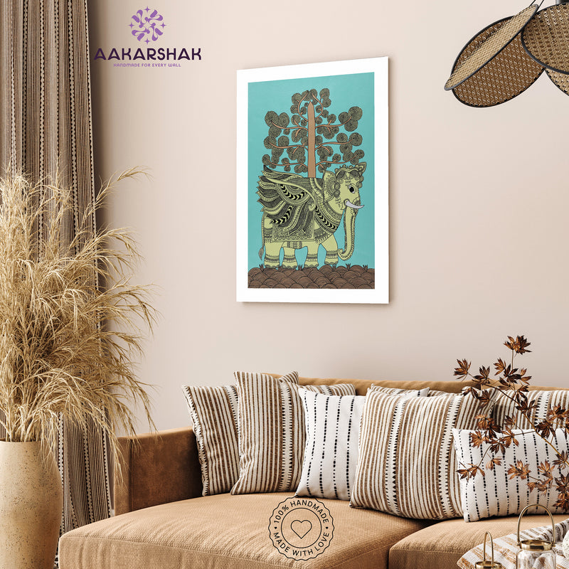 Handmade Kalamkari Elephant Painting Framed 17x24 Inch Wall Art