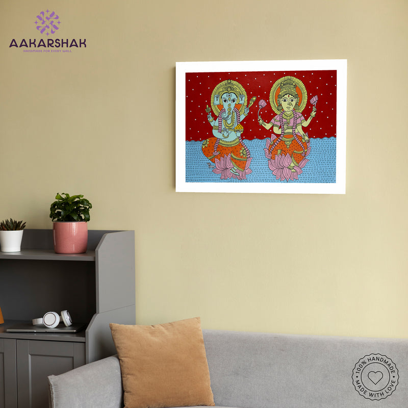 Handmade Kalamkari Ganesh and Laxmi Painting 17x24 Inch Wall Art