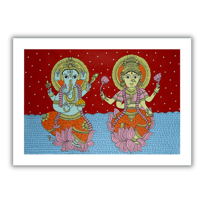 Handmade Kalamkari Ganesh and Laxmi Painting 17x24 Inch Wall Art