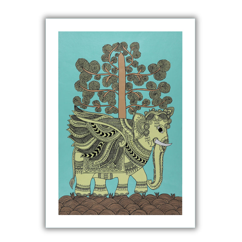 Handmade Kalamkari Elephant Painting Framed 17x24 Inch Wall Art