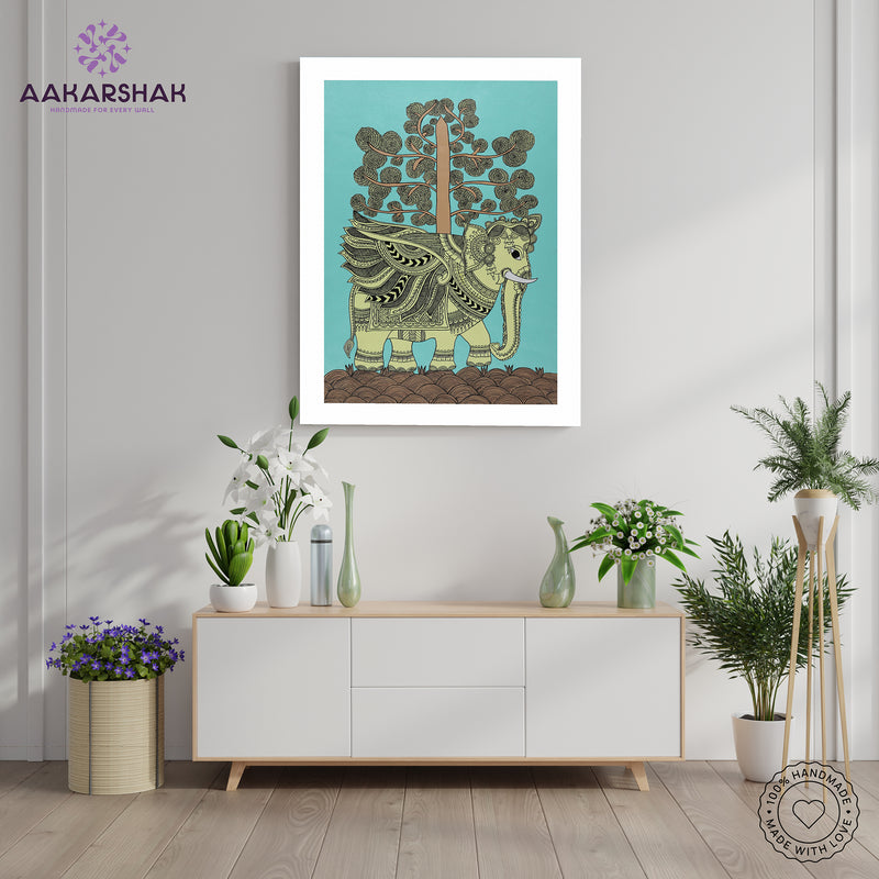 Handmade Kalamkari Elephant Painting Framed 17x24 Inch Wall Art