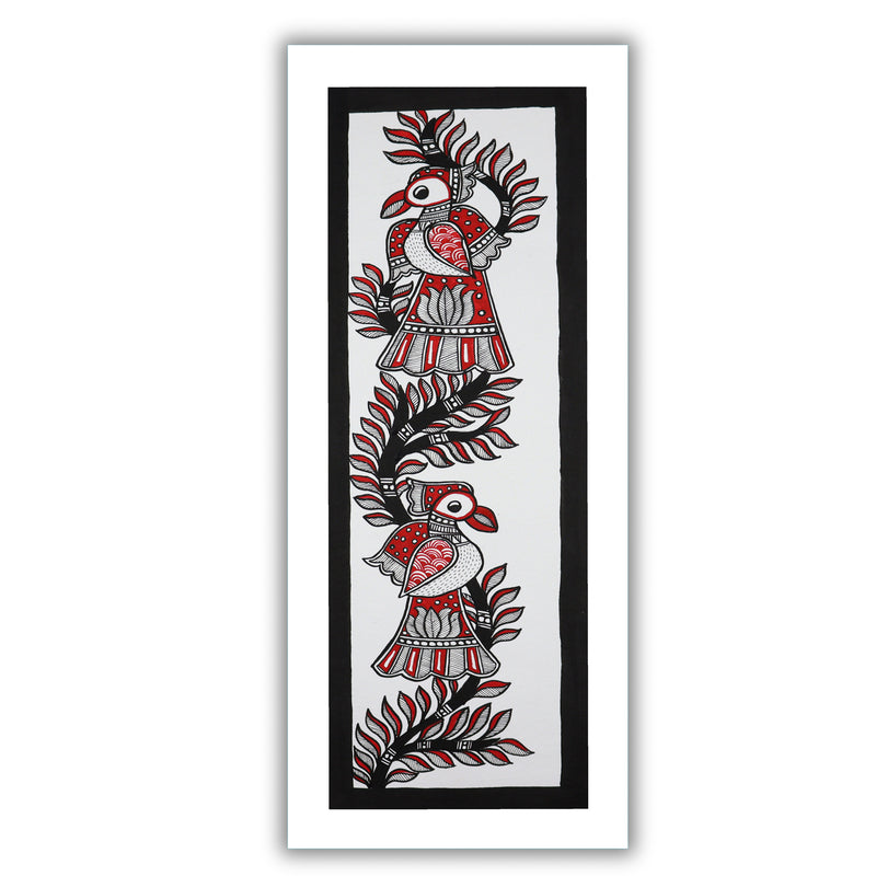 Framed artwork of a colorful peacock-with handmade madhubani painting