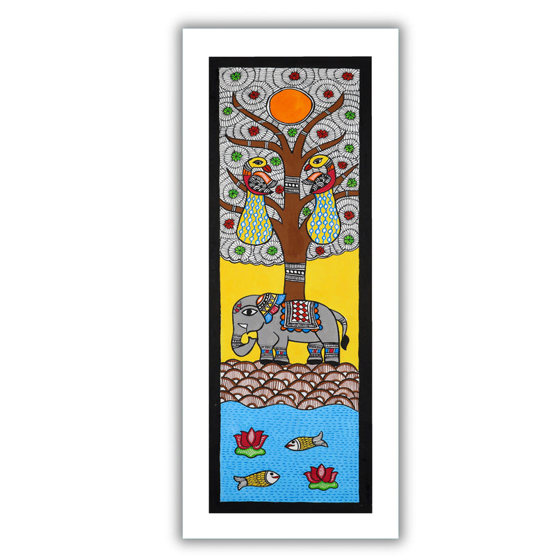 Handmade Madhubani Elephant Painting 8x23 Inch Indian Wall Decor