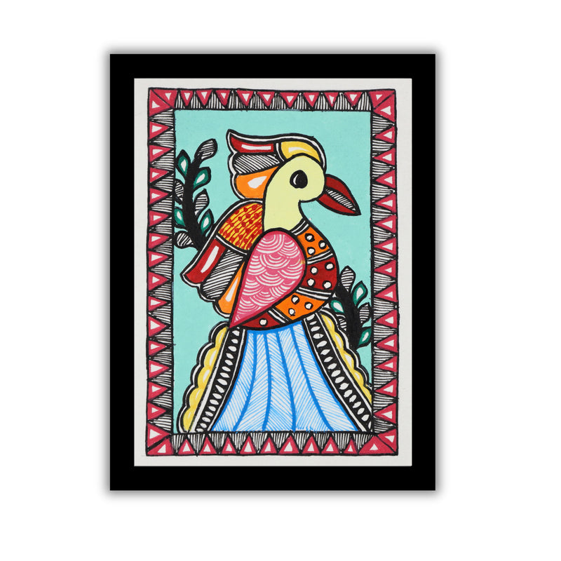 Handmade Madhubani Peacock Painting 6x8 Inch Framed Indian Wall Decor