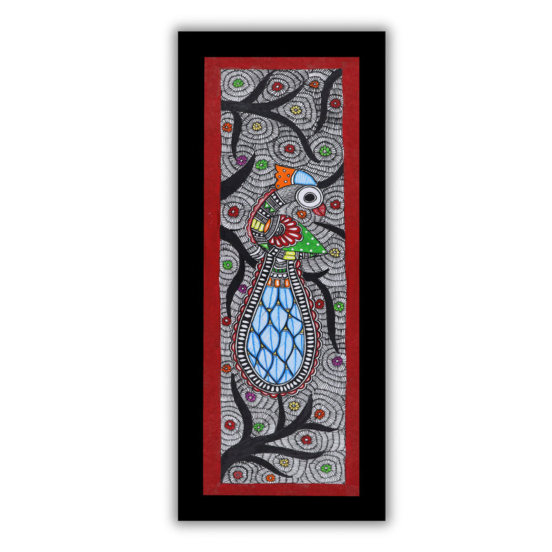 Framed artwork of a colorful peacock-with handmade madhubani painting