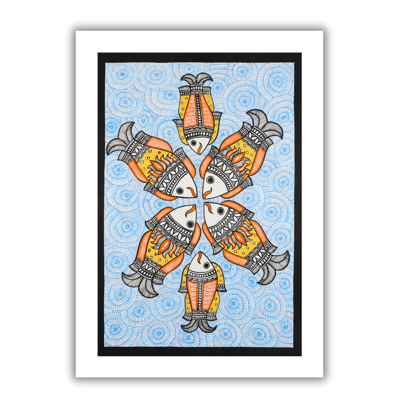 Handmade Madhubani art Fish Painting Framed Indian Wall Decor 17x24 Inch