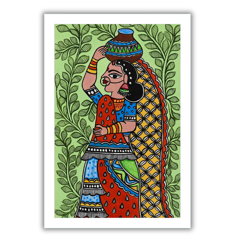 Handmade Madhubani Lady Painting 8x12 Inch Framed Indian Wall Decor