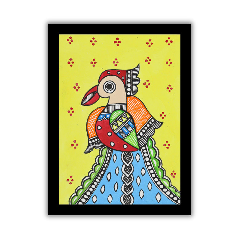 Handmade Madhubani Peacock Painting 6x8 Inch Framed Indian Wall Decor