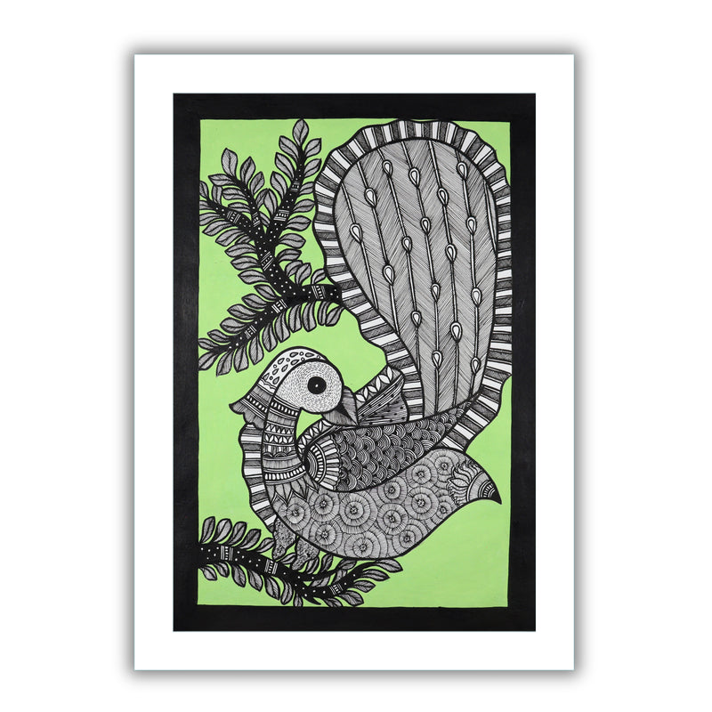 Handmade Madhubani art Peacock Painting Framed Indian Wall Decor 17x24 Inch