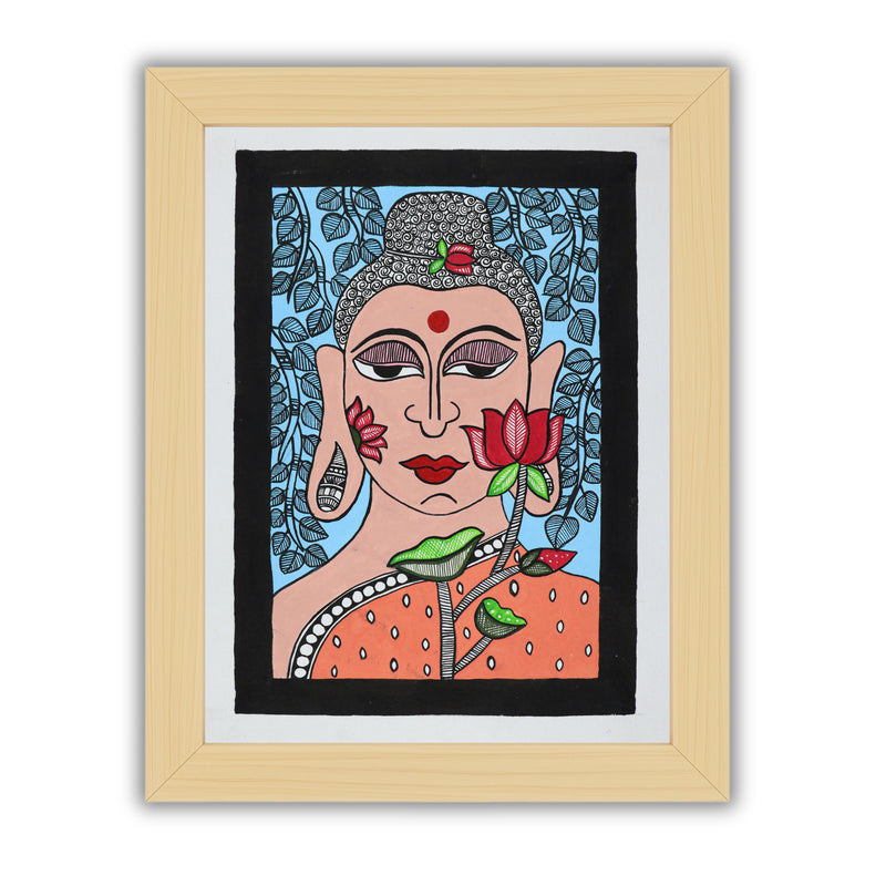 Framed artwork of a colorful buddha -with handmade madhubani painting