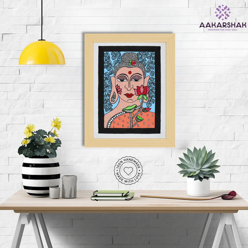 Framed artwork with buddha design -handmade madhubani painting for home decor