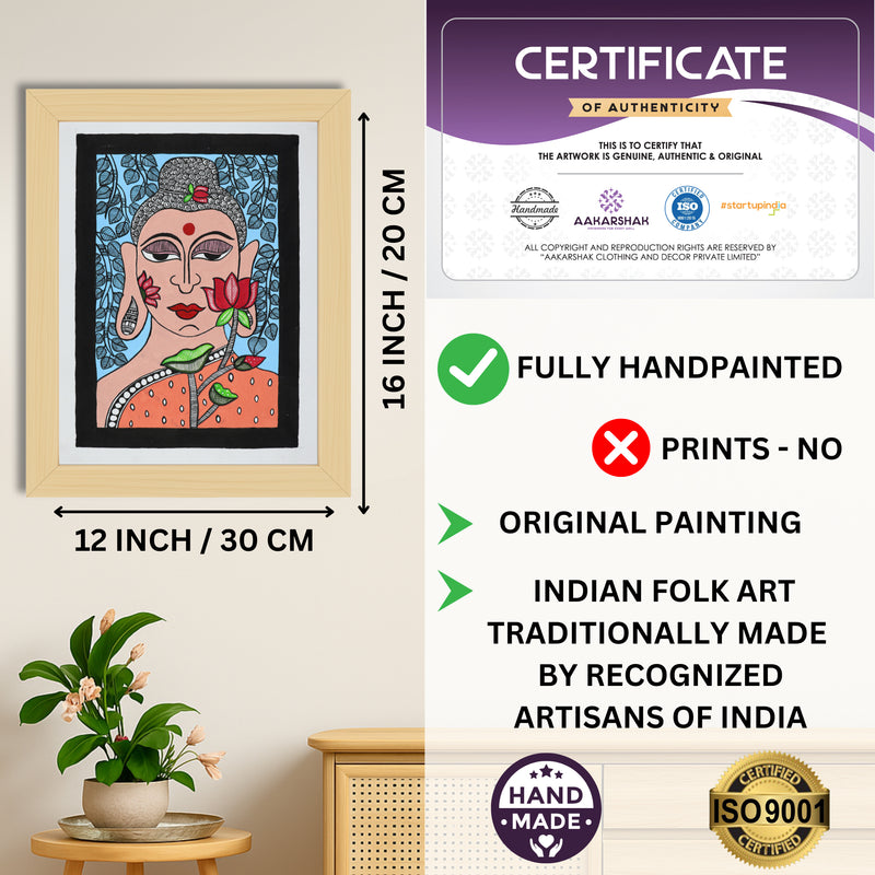 Framed artwork with dimensions, authenticity certificate and handmade iso certified-fish madhubani painting