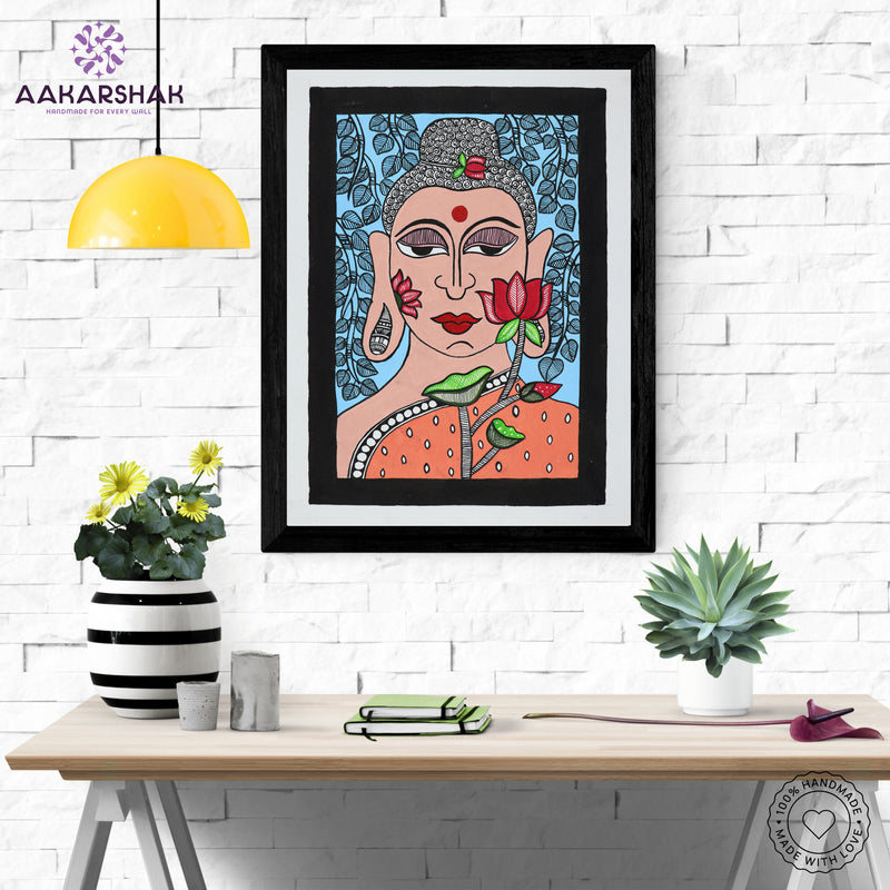 Framed artwork with buddha design -handmade madhubani painting for home decor
