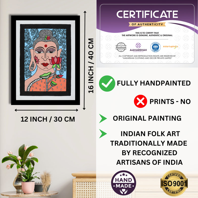 Framed artwork with dimensions, authenticity certificate and handmade iso certified-fish madhubani painting