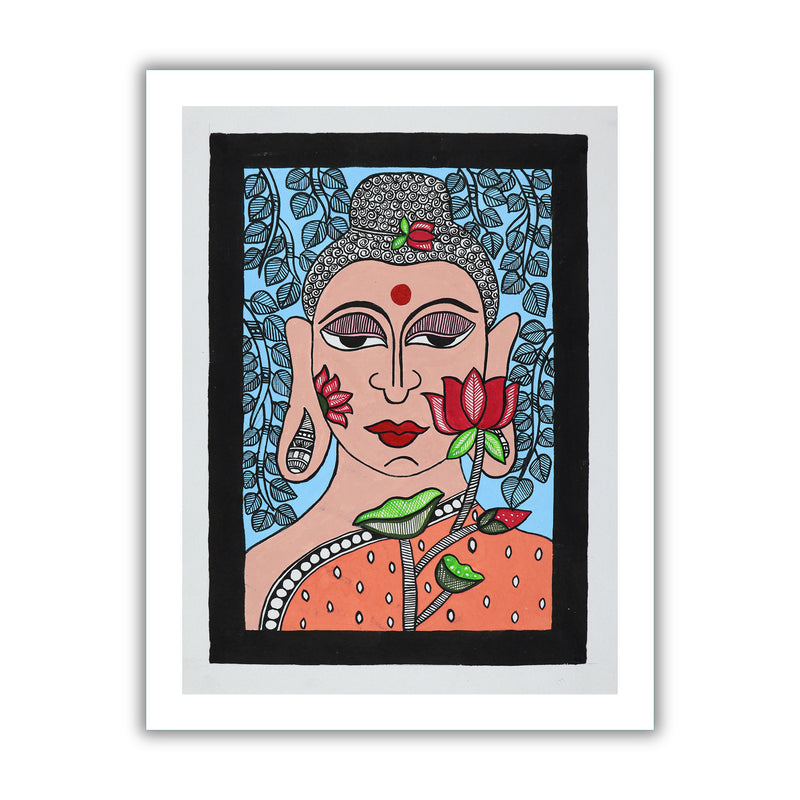 Framed artwork of a colorful buddha -with handmade madhubani painting
