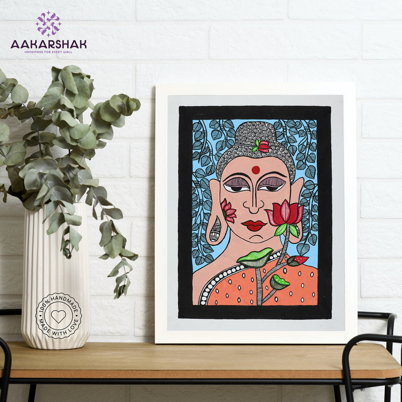 Framed artwork with buddha design -handmade madhubani painting for home decor