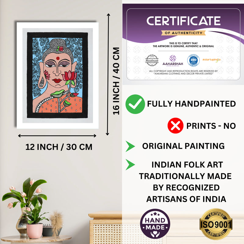 Framed artwork with dimensions, authenticity certificate and handmade iso certified-fish madhubani painting