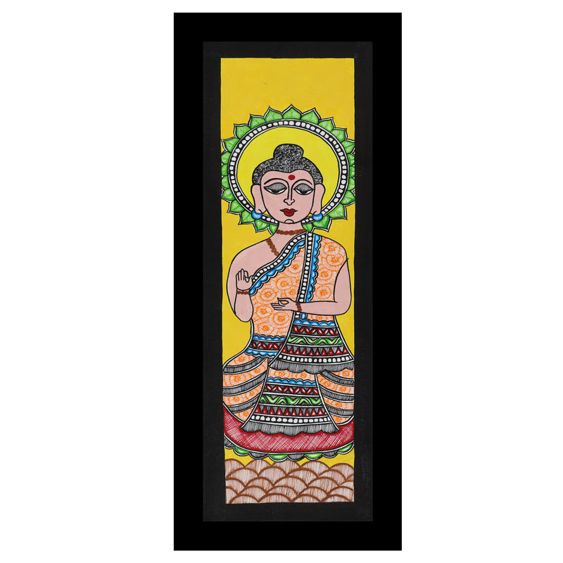 Framed artwork of a colorful buddha-with handmade madhubani painting
