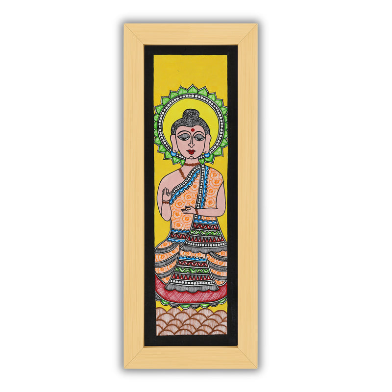 Framed artwork of a colorful buddha-with handmade madhubani painting