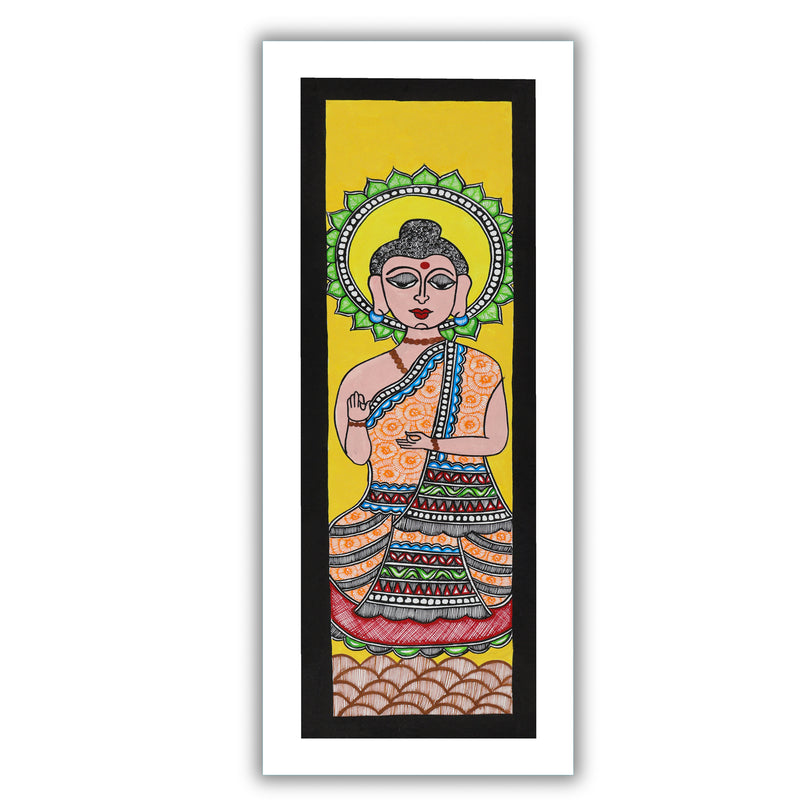 Framed artwork of a colorful buddha-with handmade madhubani painting