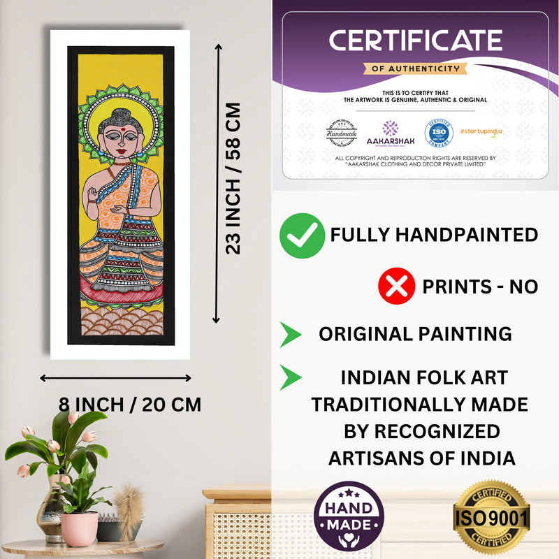 Framed artwork with dimensions, authenticity certificate and handmade iso certified-buddha madhubani painting