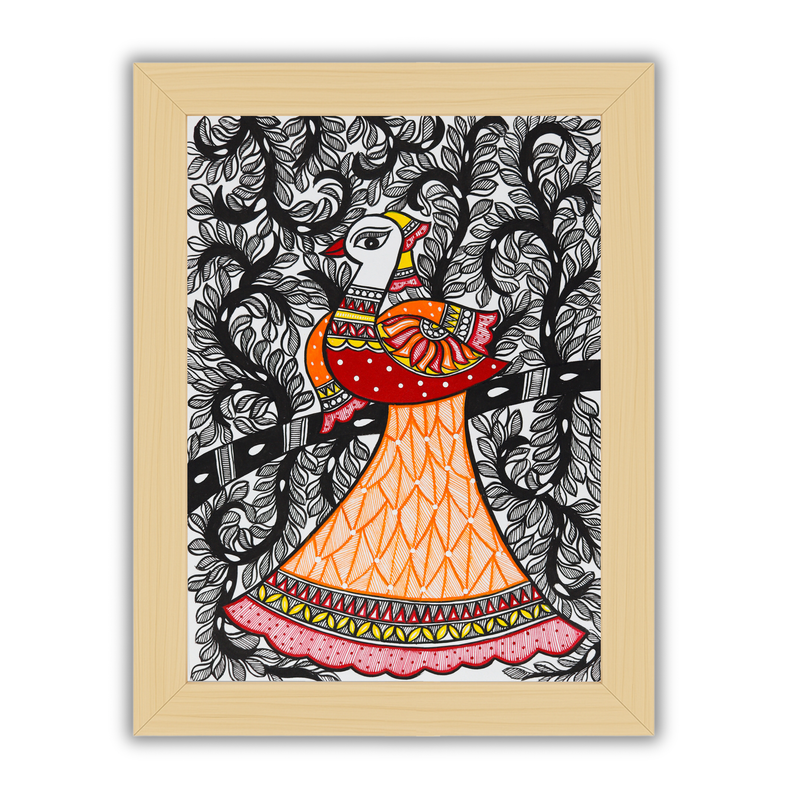 Framed artwork of a colorful dancing peacock -with handmade madhubani painting