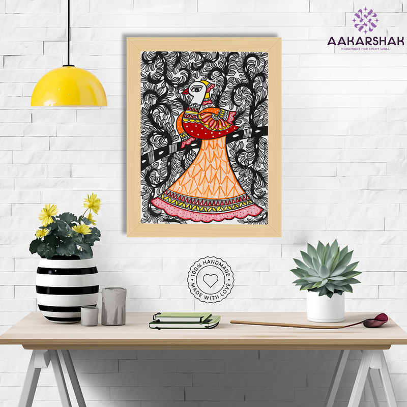 Framed artwork with peacock design -handmade madhubani painting for home decor