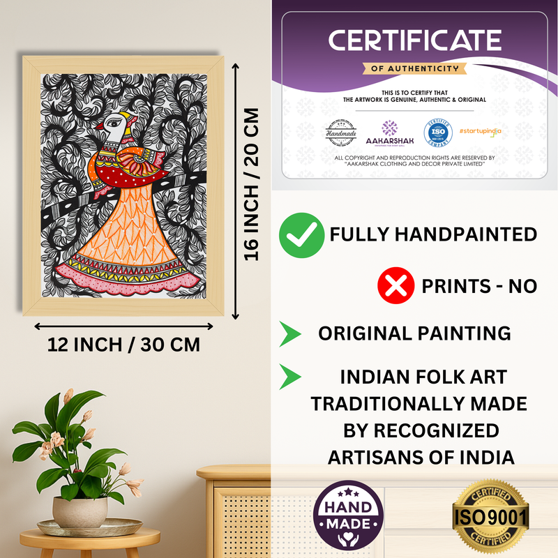 Framed artwork with dimensions, authenticity certificate and handmade iso certified-peacock madhubani painting