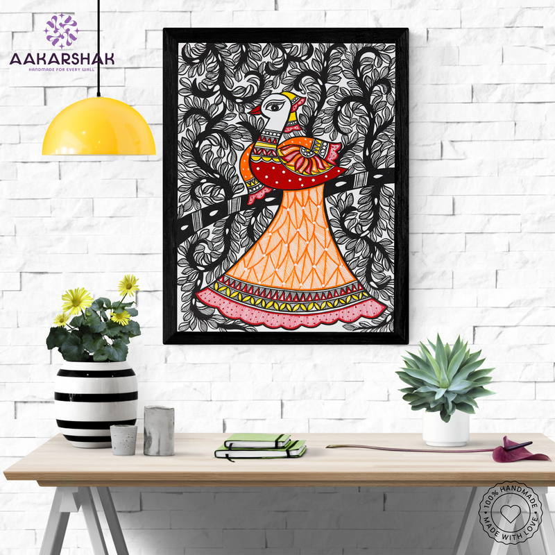 Framed artwork with peacock design -handmade madhubani painting for home decor