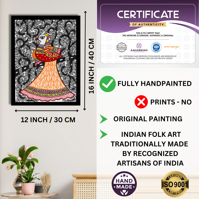 Framed artwork with dimensions, authenticity certificate and handmade iso certified-peacock madhubani painting