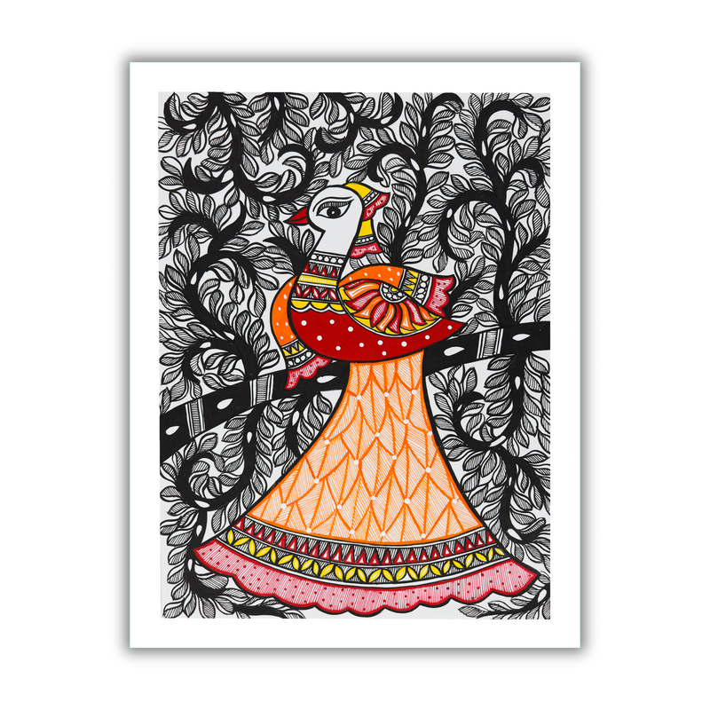 Framed artwork of a colorful dancing peacock -with handmade madhubani painting