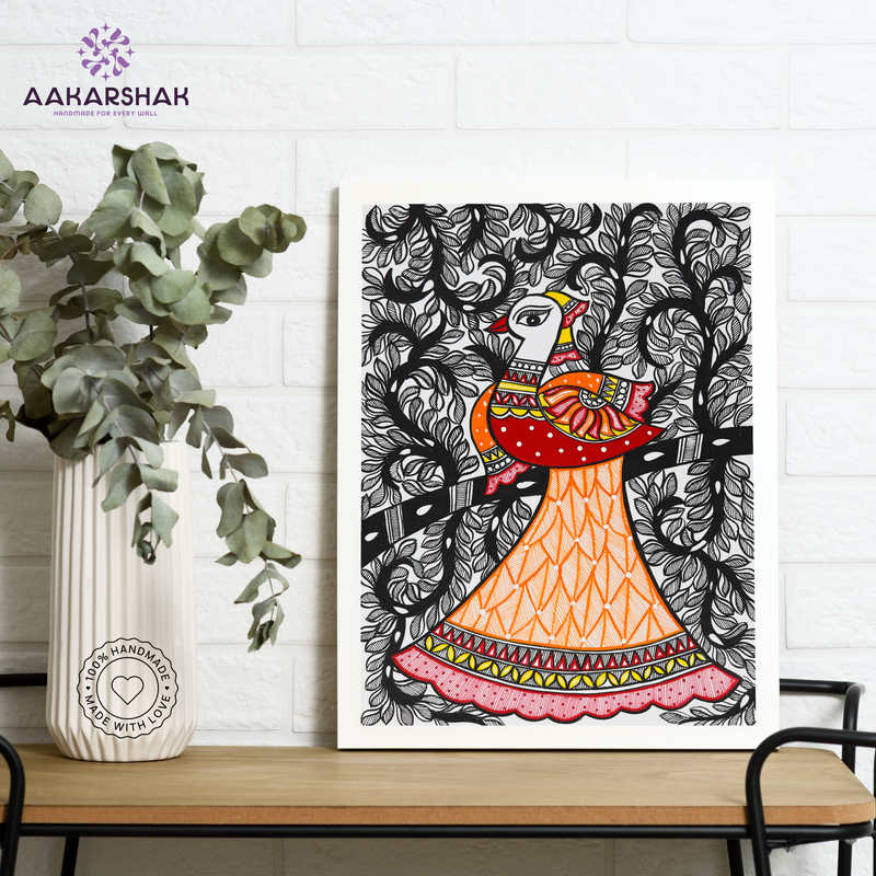 Framed artwork with peacock design -handmade madhubani painting for home decor
