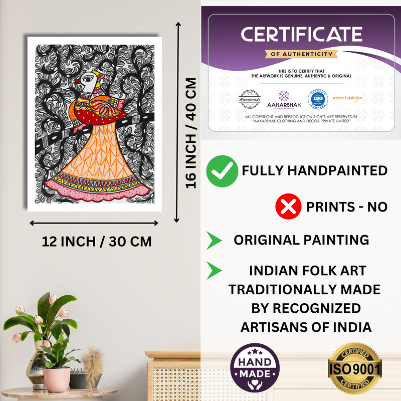 Framed artwork with dimensions, authenticity certificate and handmade iso certified-peacock madhubani painting