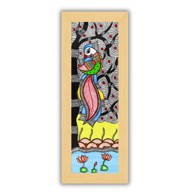 Framed artwork of a colorful peacock-with handmade madhubani painting