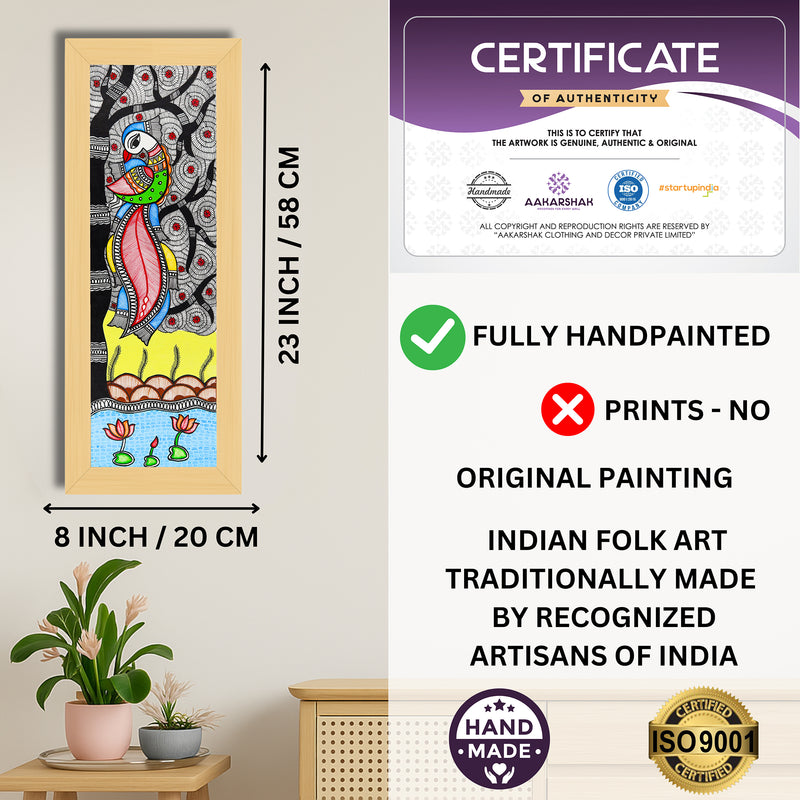 Framed artwork with dimensions, authenticity certificate and handmade iso certified-peacock madhubani painting