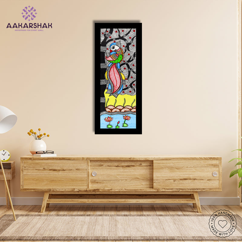 Framed artwork with peacock design -handmade madhubani painting for home decor