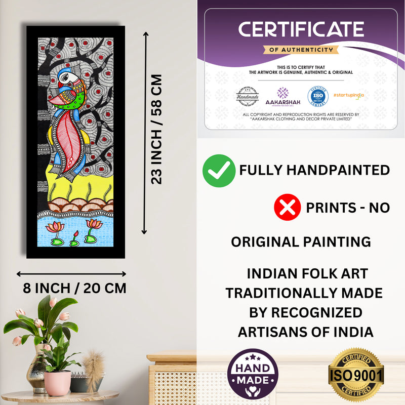 Framed artwork with dimensions, authenticity certificate and handmade iso certified-peacock madhubani painting