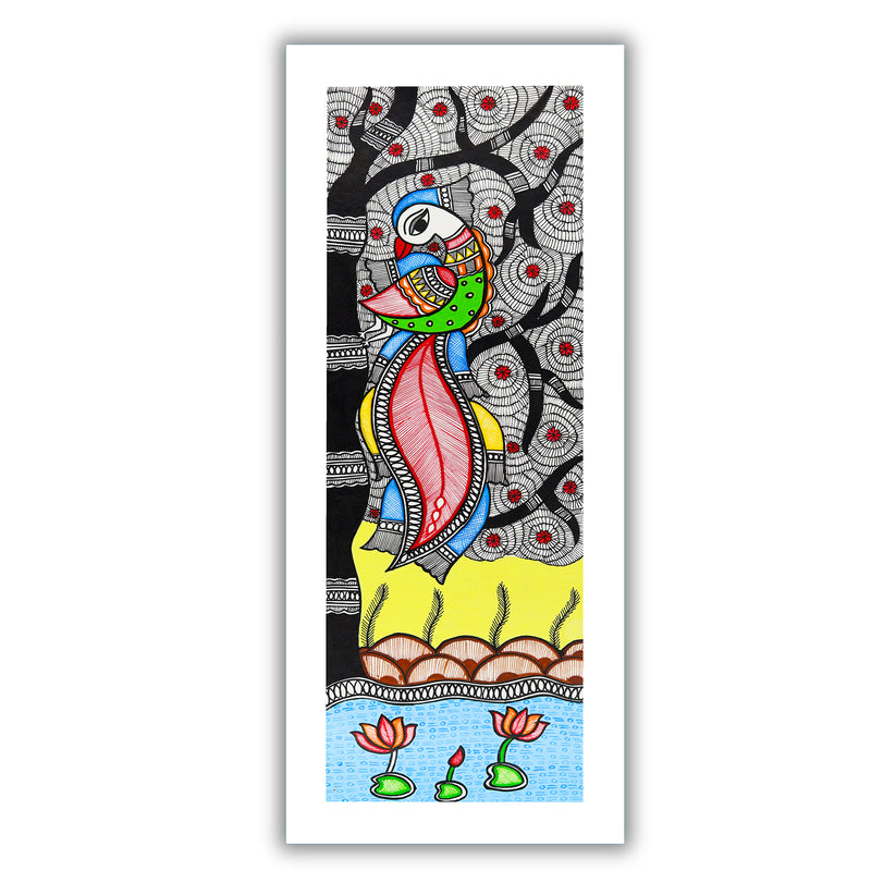 Framed artwork of a colorful peacock-with handmade madhubani painting