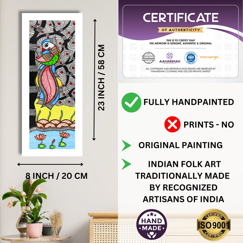 Framed artwork with dimensions, authenticity certificate and handmade iso certified-peacock madhubani painting