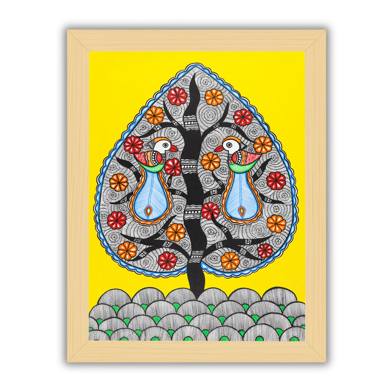 Framed artwork of a colorful dancing peacock-with handmade madhubani painting