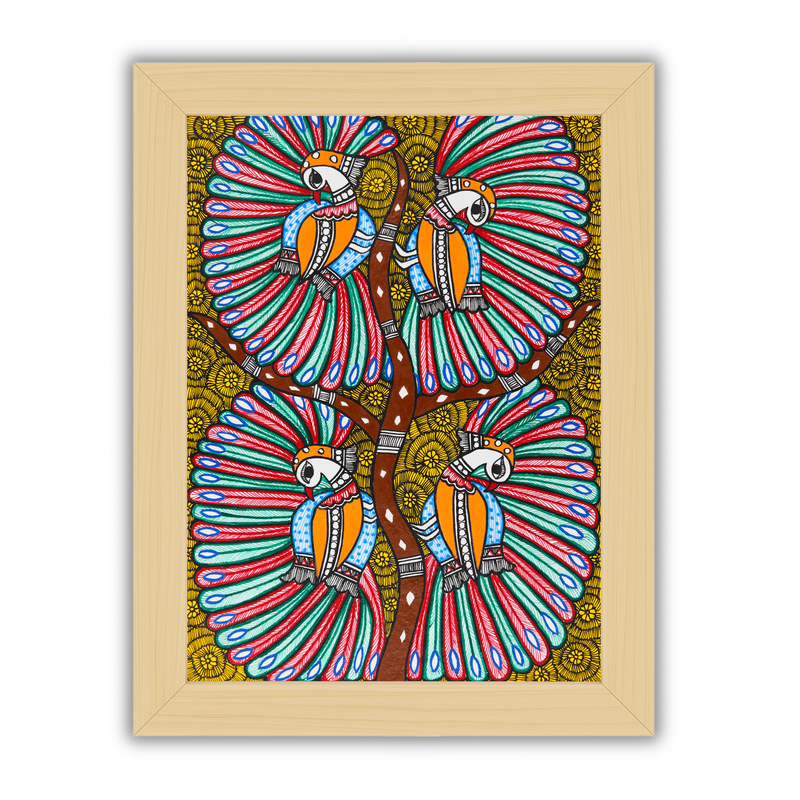 Framed artwork of a colorful dancing peacock -with handmade madhubani painting